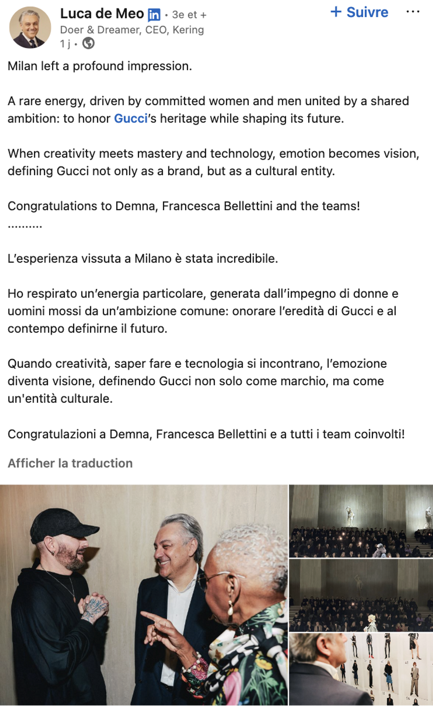 message de commentaire de luca de meo, directeur g&eacute;n&eacute;ral du groupe de luxe Kering, au sujet de la collection Primavera de Gucci par Demna
