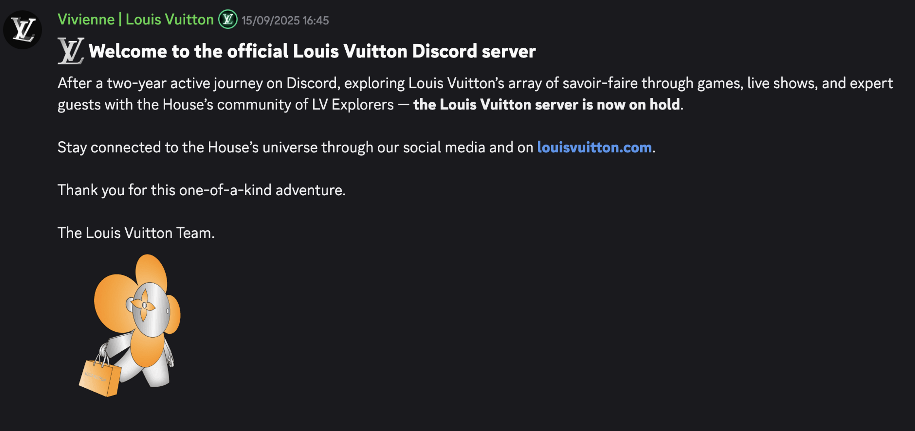 le serveur discord de louis vuitton est mis en pause