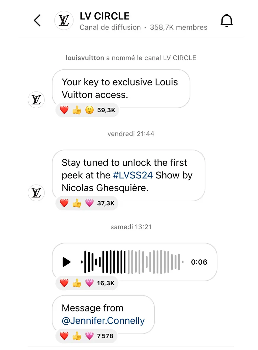Canal diffusion Instagram de Louis Vuitton
