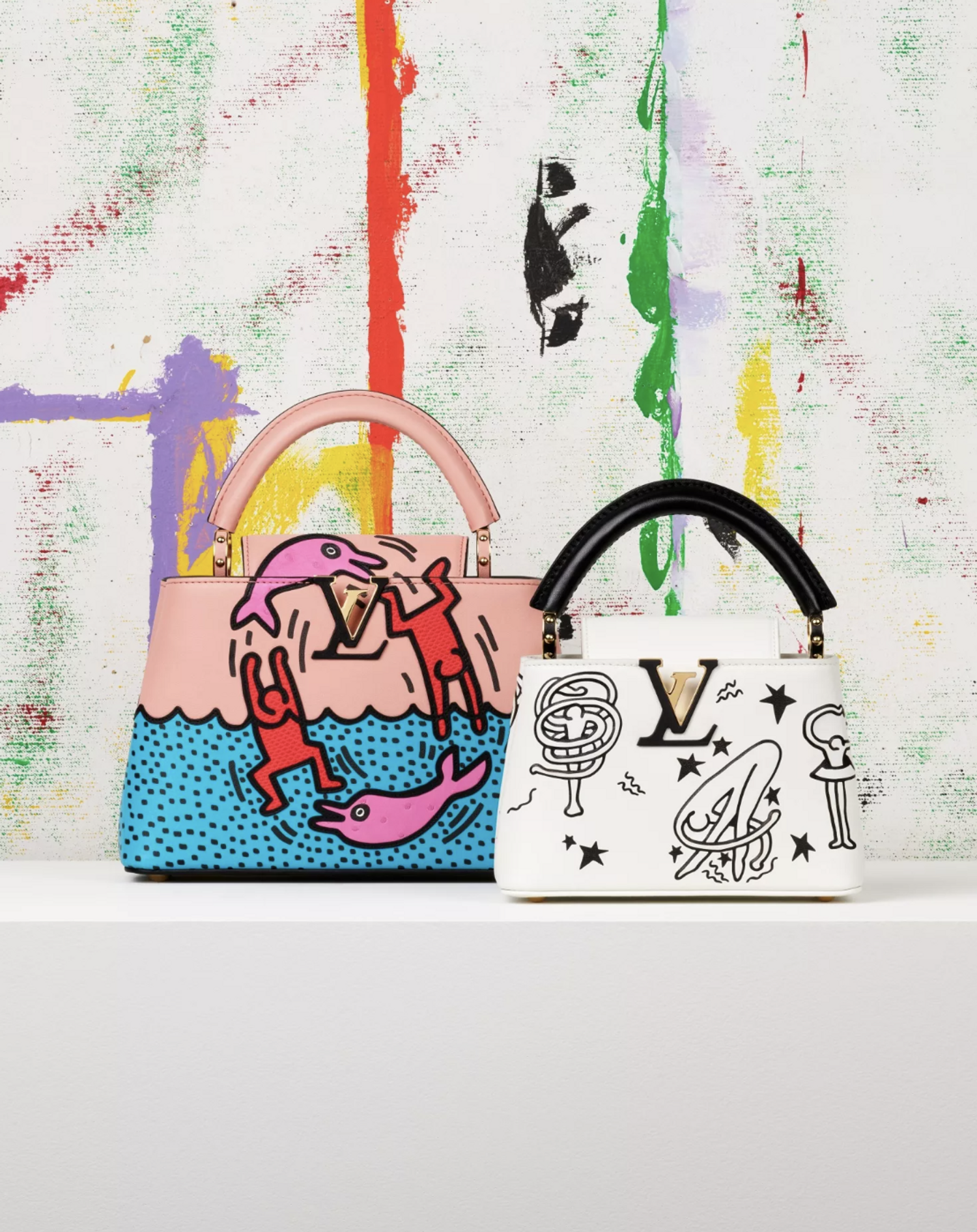 visuels de nouveaux sacs de luxe capucines de louis vuitton, modèles rares avec les dessins de keith haring